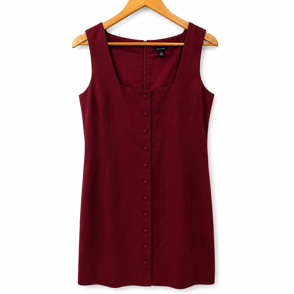 Ann Taylor Burgundy Linen Blend Button Front Square Neck Sheath Mini Dress 10